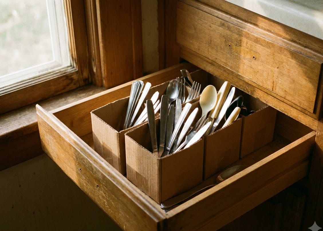 A drawer divided with cut-down cardboard boxes
