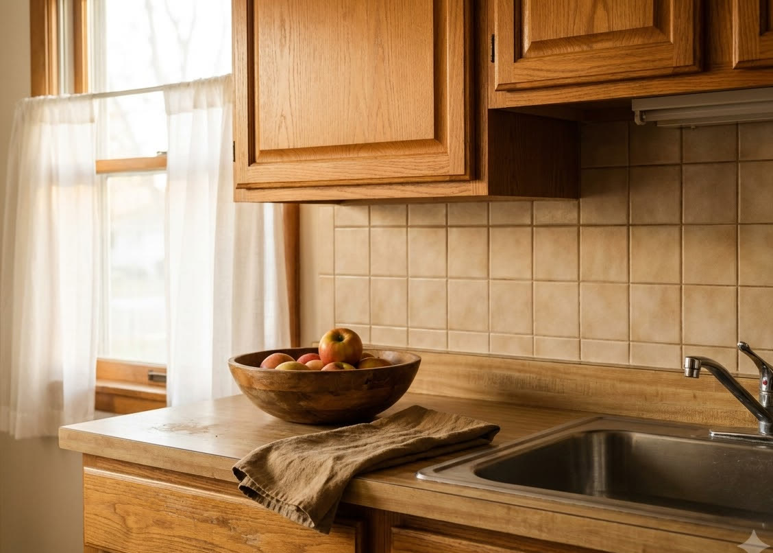 A clear kitchen counter with a wooden bowl and a folded cloth