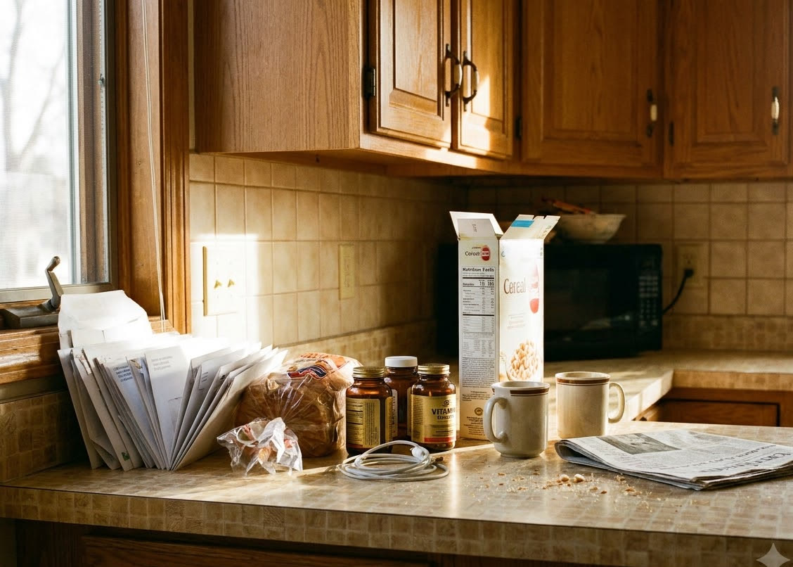 A kitchen counter covered with mail, bread, vitamins and a charger